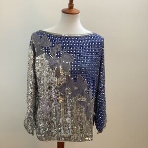Judith Ann Creations Vintage 100% Pure Silk Sequined Blouse Disco GlamRock Small
